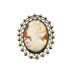Vintage Genuine Carved Shell Cameo Pin Brooch and Pendant Lady Facing Left